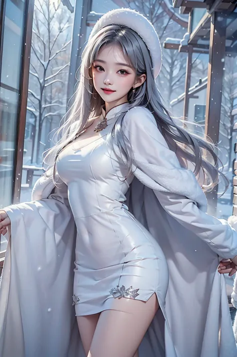 masterpiece、highest quality、1 girl, winter, white hair, cute girl, smile, close mouse, medium breasts, white dress, winter cloth...