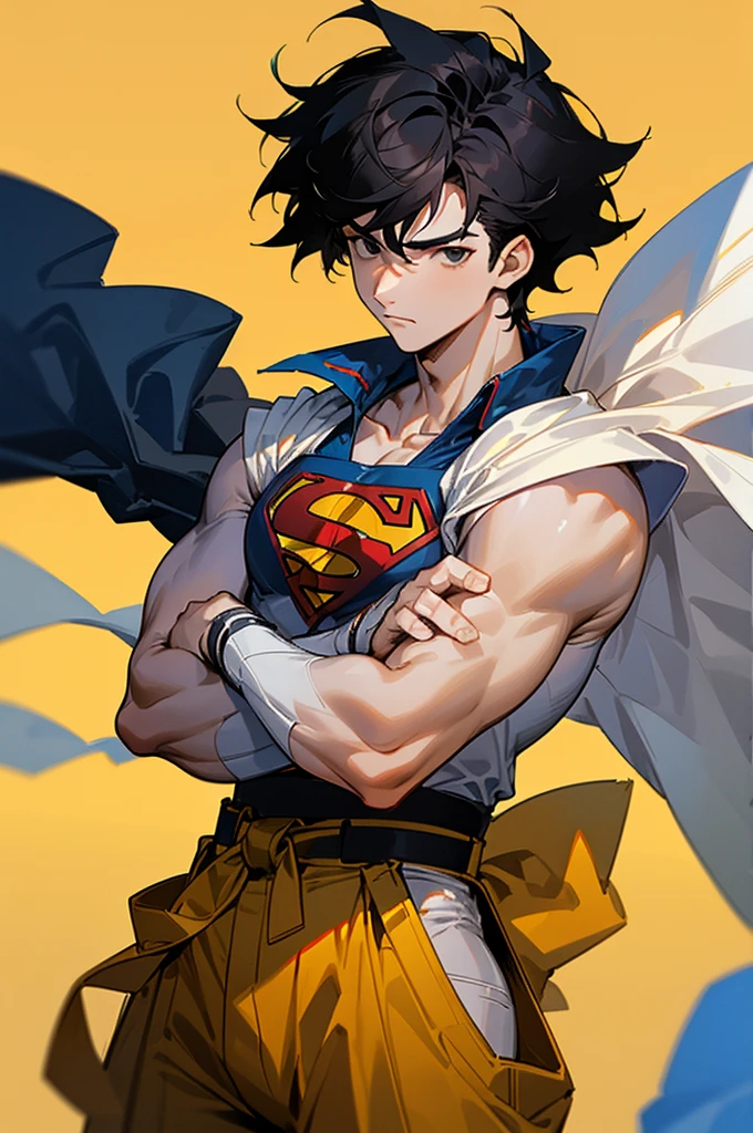 1male , Low Cut Hair , Messy Hair , Black Hair , Black Eyes , Lean ,teen male , White Body Suit , Serious Expression , Modern City Background , Baggy Pants , Sash belt , Yellow S symbol on chest, street level background, cowboy shot, upper body, superman shirt, white cape, arms crossed, 