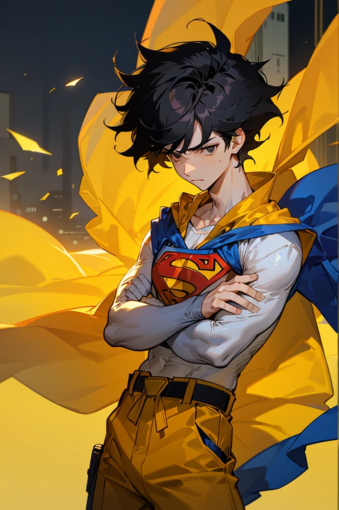 1male , Low Cut Hair , Messy Hair , Black Hair , Black Eyes , Lean ,teen male , White Body Suit , Serious Expression , Modern City Background , Yellow Baggy Pants , Sash belt , Yellow S symbol on chest, street level background, cowboy shot, upper body, superman shirt, white cape, arms crossed, white arm sleeves, cape behind person,