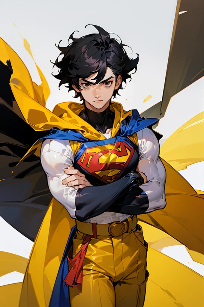 1male , Low Cut Hair , Messy Hair , Black Hair , Black Eyes , Lean ,teen male , White Body Suit , Serious Expression , Modern City Background , Yellow Baggy Pants , Sash belt , Yellow S symbol on chest, street level background, cowboy shot, upper body, superman shirt, white cape, arms crossed, white arm sleeves, cape behind person,