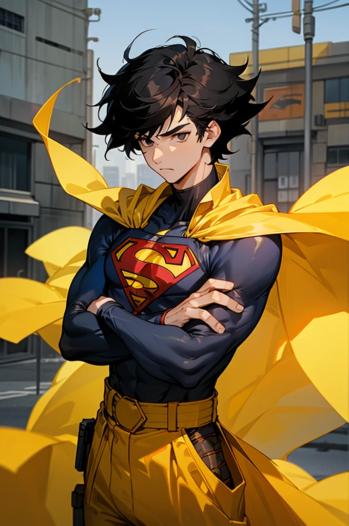 1male , Low Cut Hair , Messy Hair , Black Hair , Black Eyes , Lean ,teen male , White Body Suit , Serious Expression , Modern City Background , Yellow Baggy Pants , Sash belt , Yellow S symbol on chest, street level background, cowboy shot, upper body, superman shirt, white cape, arms crossed, white arm sleeves, cape behind person,