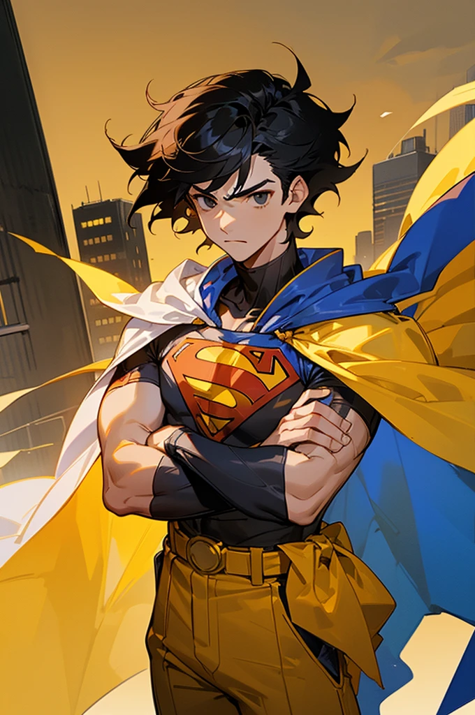 1male , Low Cut Hair , Messy Hair , Black Hair , Black Eyes , Lean ,teen male , White Body Suit , Serious Expression , Modern City Background , Yellow Baggy Pants , Sash belt , Yellow S symbol on chest, street level background, cowboy shot, upper body, superman shirt, white cape, arms crossed, white arm sleeves, cape behind person,