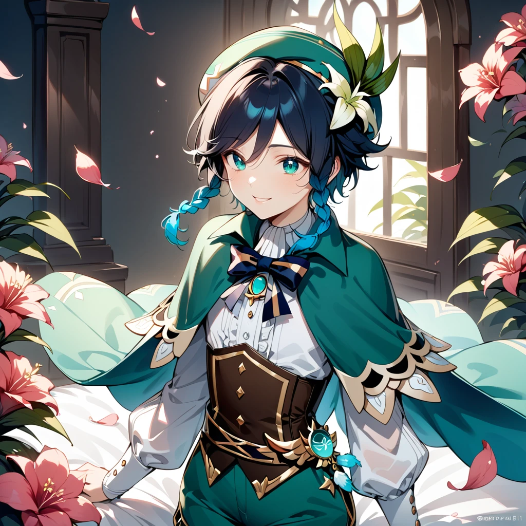 (best quality,4k,8k,highres,masterpiece:1.2),1boy,venti genshin impact,male focus,flat chest,ultra-detailed,realistic,dsmile,morning of spring,delicate light rays,rich color palette,elegant curves,effects of light and shadow,flower petals falling,springtime essence,ethereal atmosphere,peaceful garden background,morning dew,soft sunlight filtering through trees,lush plants,komorebi,vividly colored blossoms,transcendent beauty,awe-inspiring artwork,white long-sleeved shirt, brown corset,green shorts, white tights,green cape,hat,brooch,green eyes,flirty smile,cinematic lighting, ray tracing, UHD, high details, high quality, award winning, super detail, genshin splash art