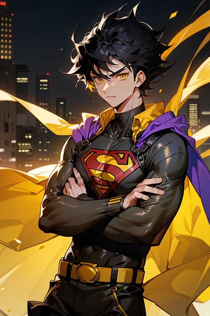 1male , Low taper fade , messy hair ,short hair, black Hair , golden Eyes , Lean ,teen male , black Body Suit , Serious Expression , Modern City Background , Yellow Baggy Pants , Sash belt , Yellow S symbol on chest, street level background, cowboy shot, upper body, superman shirt, arms crossed, white arm sleeves, black and yellow long sleeved jacket,
