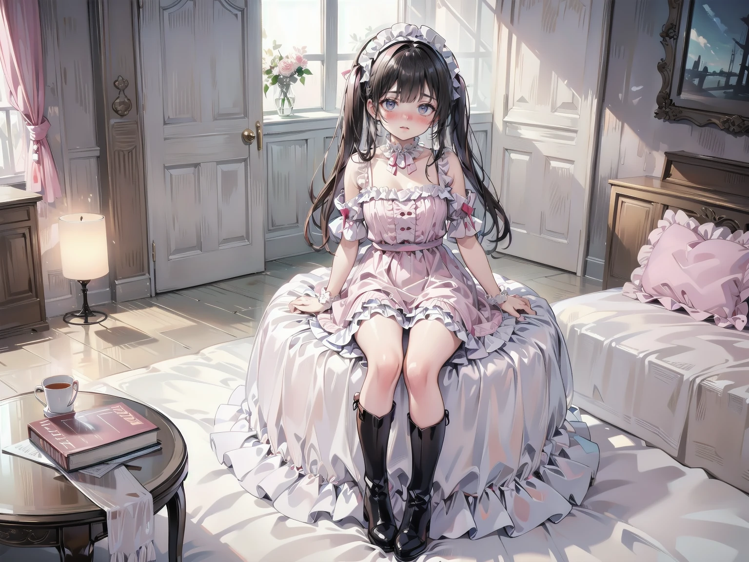 beautiful girl、とてもcute天使、Pink Lolita Dress、cute、Baby Face、smile、Long skirt、Black long boots、
