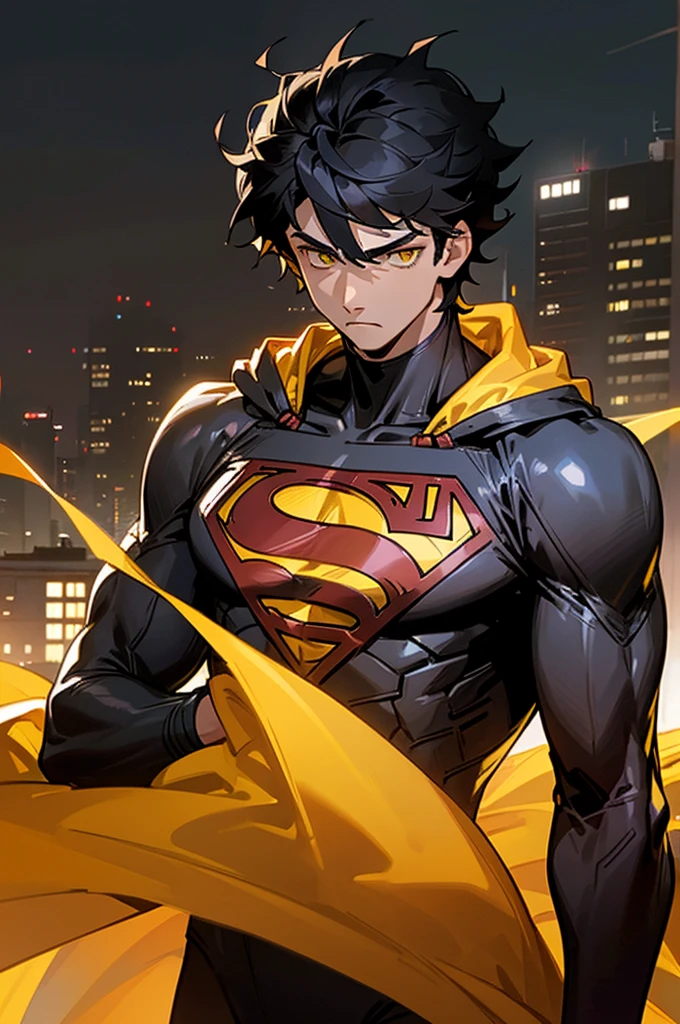 1male , Low taper fade , messy hair ,short hair, black Hair , golden Eyes , Lean ,teen male , black Body Suit , Serious Expression , Modern City Background  , Yellow S symbol on chest, street level background, cowboy shot, upper body, superman shirt, arm, white arm sleeves, black and yellow long sleeved jacket, superhero suit, 