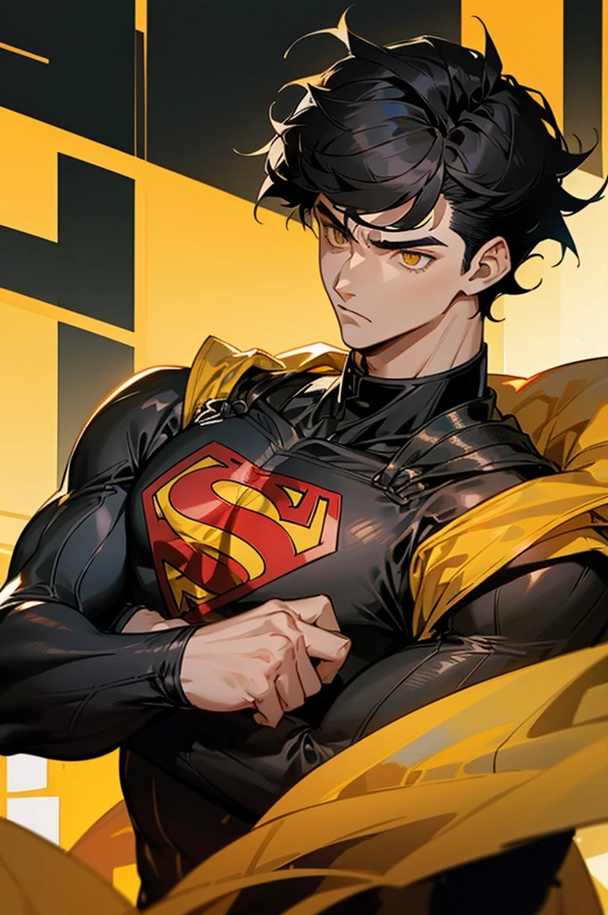 1male , Low taper fade , messy hair ,short hair, black Hair , golden Eyes , Lean ,teen male , black Body Suit , Serious Expression , Modern City Background  , Yellow S symbol on chest, street level background, cowboy shot, upper body, superman shirt, arm, white arm sleeves, black and yellow long sleeved jacket, superhero suit, 