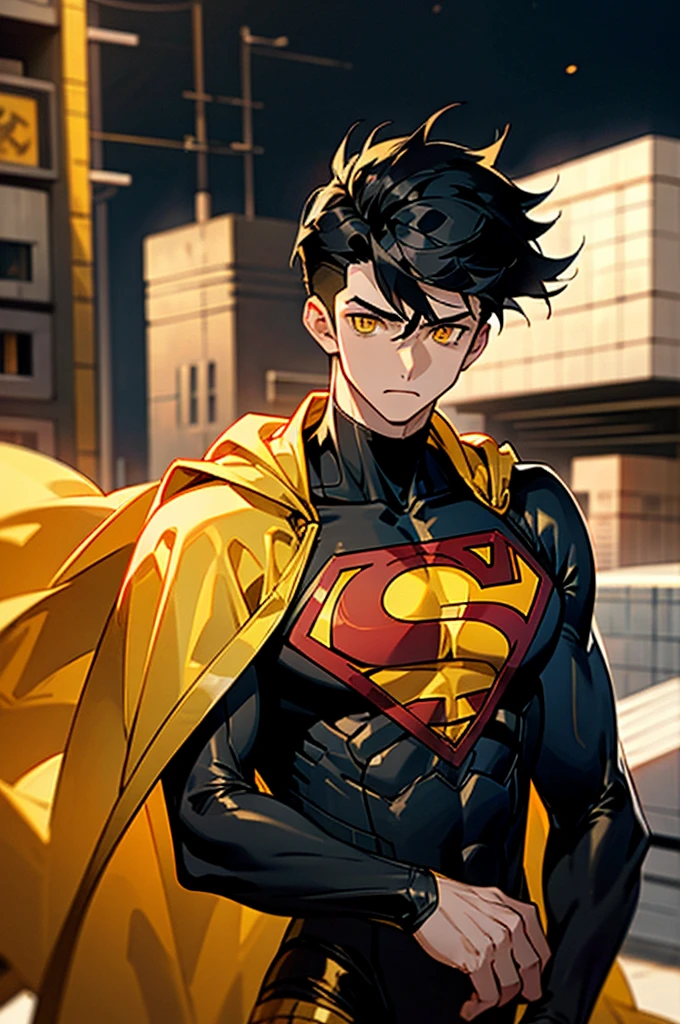 1male , Low taper fade , messy hair ,short hair, black Hair , golden Eyes , Lean ,teen male , black Body Suit , Serious Expression , Modern City Background , Yellow S symbol on chest, street level background, cowboy shot, upper body, superman shirt, arm, white arm sleeves, black and yellow long sleeved jacket, superhero suit,
