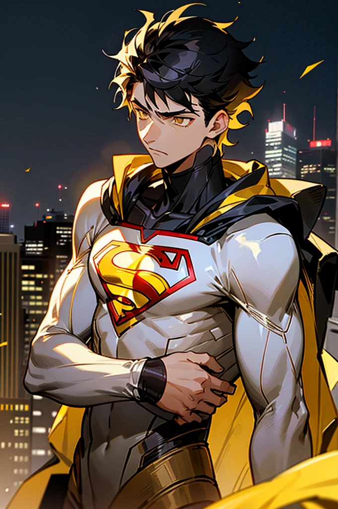 1male , Low taper fade , messy hair ,short hair, black Hair , golden Eyes , Lean ,teen male , white Body Suit , Serious Expression , Modern City Background , Yellow S symbol on chest, modern city background, upper body, superman shirt, arm, white arm sleeves, black and yellow long sleeved jacket, superhero suit,