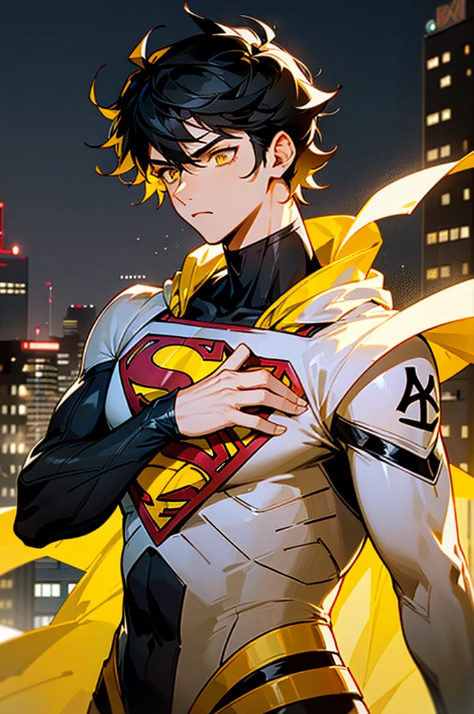 1male , Low taper fade , messy hair ,short hair, black Hair , golden Eyes , Lean ,teen male , white Body Suit , Serious Expression , Modern City Background , Yellow S symbol on chest, modern city background, upper body, superman shirt, arm, white arm sleeves, black and yellow long sleeved jacket, superhero suit,