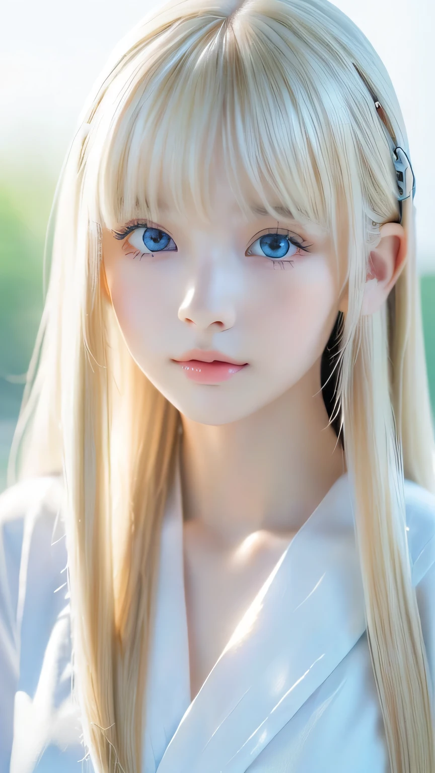 RAW shooting、(((Extremely beautiful portrait)))、Upper Body、looking at the camera、(((Glossy and smooth white skin))、15 years old、A beautiful girl、Small Face Beauty、Bangs between the eyes、(Super long, super long, straight, silky hair (Shiny, bright, silky, super long, natural platinum blonde hair))、[Big, very bright, light blue eyes that shine so beautifully]、eyeliner、((masterpiece、最high quality、Super detailed、lightly、Intricate details、High resolution、8k、Very detailed))、Detailed Background、8 KUHD、high quality、Shallow depth of field、Natural light、(Perfect hands)、、Japanese Sailor Suit、Big Breasts、Purity、Lying down