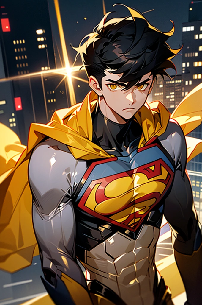 1male , Low taper fade , messy hair ,short hair, black Hair , golden Eyes , Lean ,teen male , white Body Suit , Serious Expression , Modern City Background , Yellow S symbol on chest, modern city background, upper body, superman shirt, arm, white arm sleeves, black and yellow long sleeved jacket, superhero suit,
