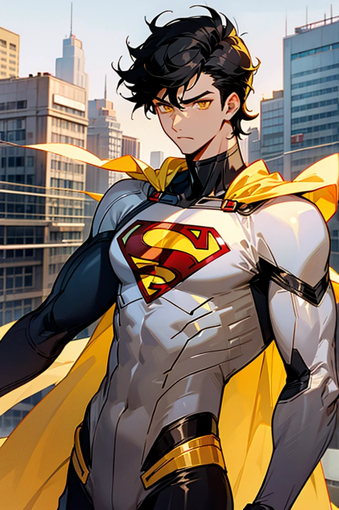 1male , Low taper fade , messy hair ,short hair, black Hair , golden Eyes , Lean ,teen male , white Body Suit , Serious Expression , Modern City Background , Yellow S symbol on chest, modern city background, upper body, superman shirt, arm, white arm sleeves, superhero suit,
