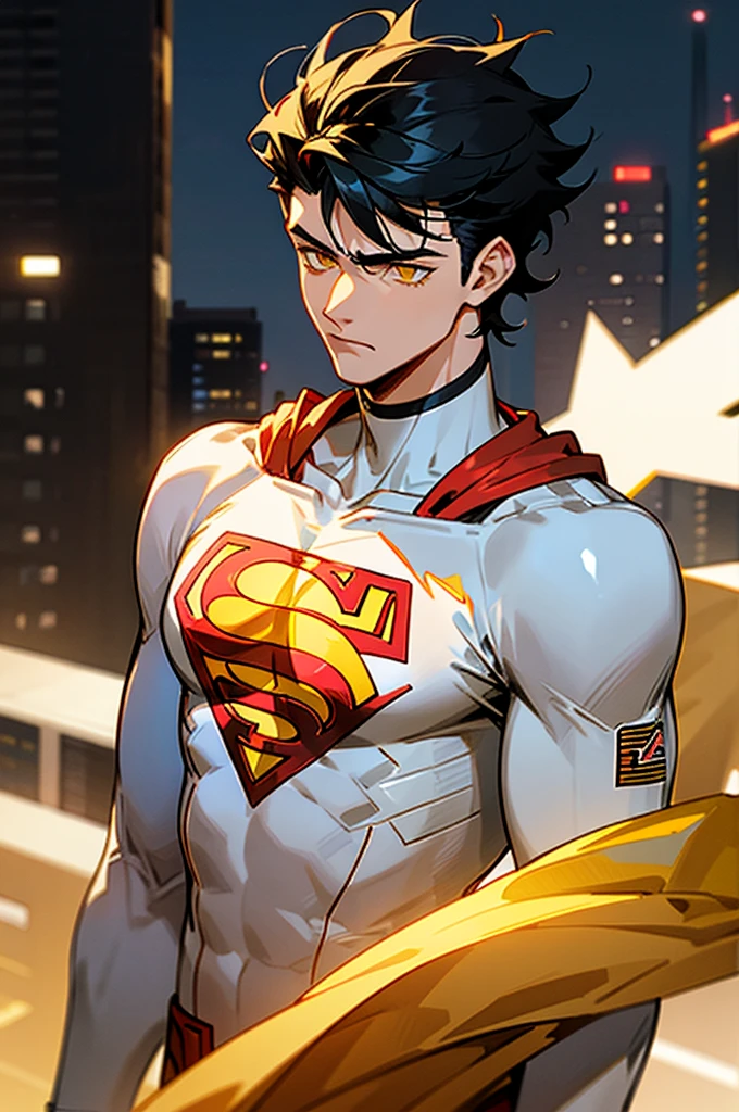 1male , Low taper fade , messy hair ,short hair, black Hair , golden Eyes , Lean ,teen male , white Body Suit , Serious Expression , Modern City Background , Yellow S symbol on chest, modern city background, upper body, superman shirt, arm, white arm sleeves, superhero suit,
