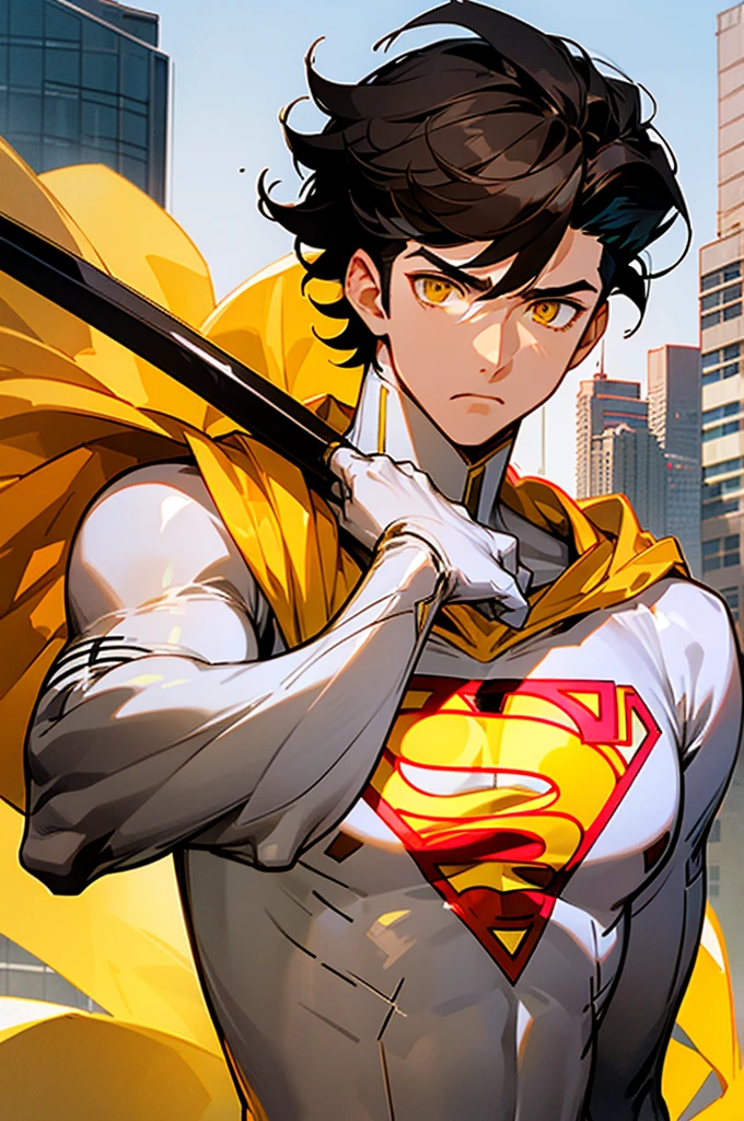 1male , Low taper fade , messy hair ,short hair, black Hair , golden Eyes , Lean ,teen male , white Body Suit , Serious Expression , Modern City Background , Yellow S symbol on chest, modern city background, upper body, superman shirt, arm, white arm sleeves, superhero suit,
