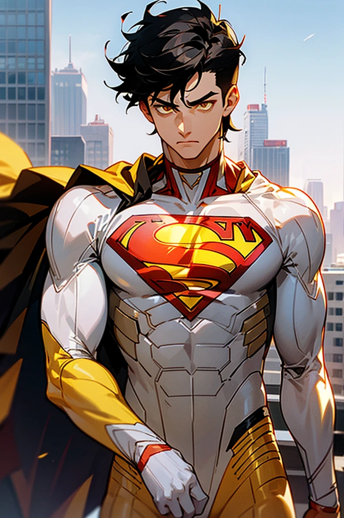 1male , Low taper fade , messy hair ,short hair, black Hair , golden Eyes ,muscular ,teen male , white Body Suit , Serious Expression , Modern City Background , Yellow S symbol on chest, modern city background, upper body, superman shirt, arm, white arm sleeves, superhero suit, Superman S Symbol
