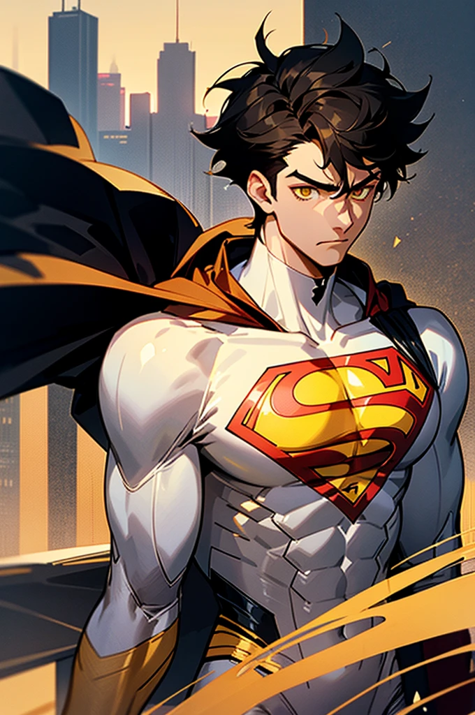 1male , Low taper fade , messy hair ,short hair, black Hair , golden Eyes ,muscular ,teen male , white Body Suit , Serious Expression , Modern City Background , Yellow S symbol on chest, modern city background, upper body, superman shirt, arm, white arm sleeves, superhero suit, Superman S Symbol
