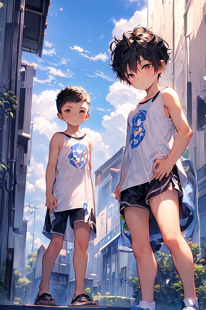 (Shota:1.5),(((Highest quality))),(((masterpiece))),(((Very detailed))),(((High resolution))),One person,T-Shirts,Short shorts,White socks,Blue sneakers,12 years old,Japanese,Buzz Cut,Spiked Hair,Black Hair,Baby Face,Beautiful face,