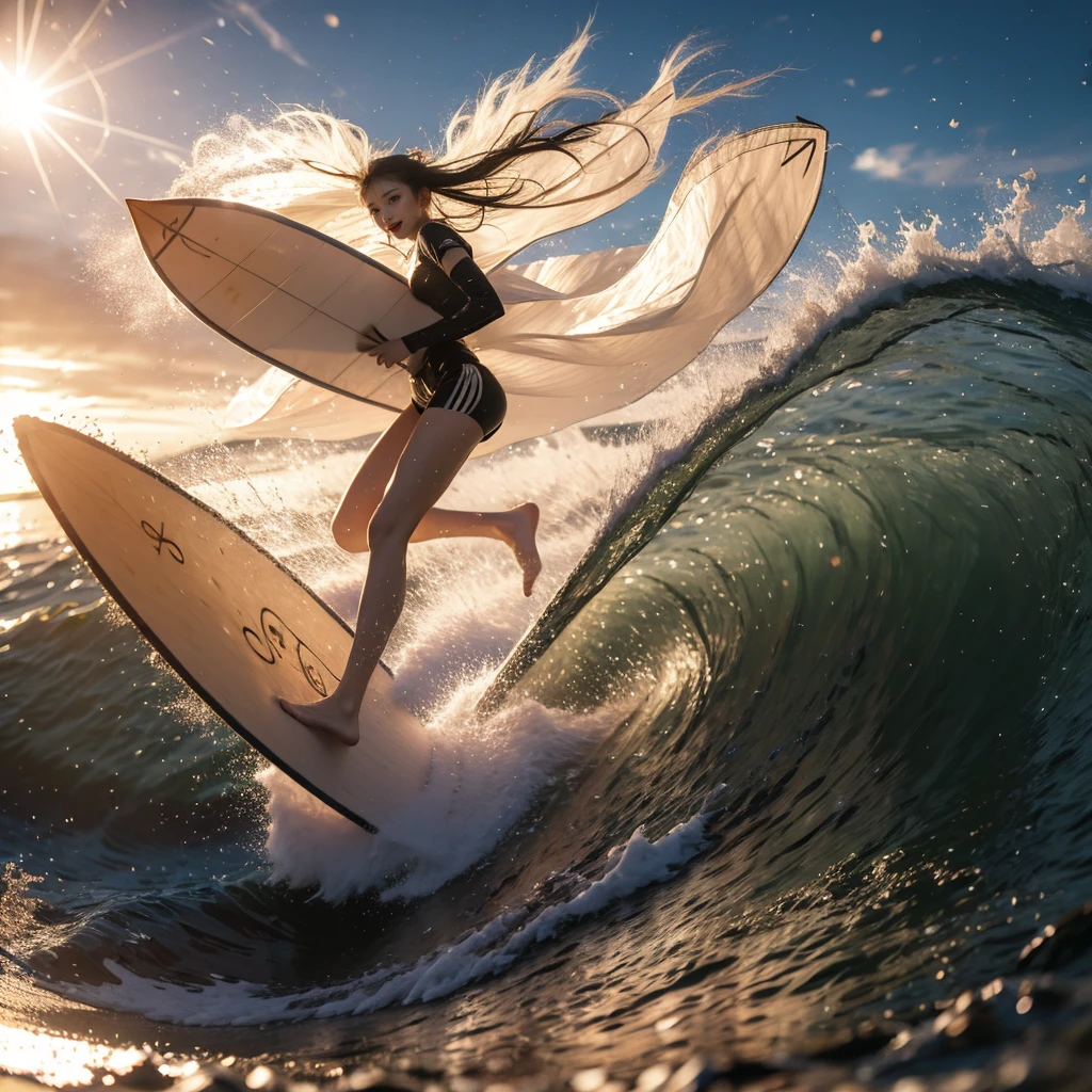 (Luminism:1.28), Side view, TopQuality 8K Masterpiece (ProfessionalPHOTO:1.37) (Extremely Detailed (Girl Riding on a Life Size surfboard)), Colorful morning Glory Rays, (There is Only one surfboard under her foot:1.32) Sparkling Water Splashing Water Particles, Glowing Wet Hair, Hourglass body type, Dynamic motion blur, {Perfect Hand|Perfect Limbs}, (Surfing Photos:1.4) (((nothing hold)))