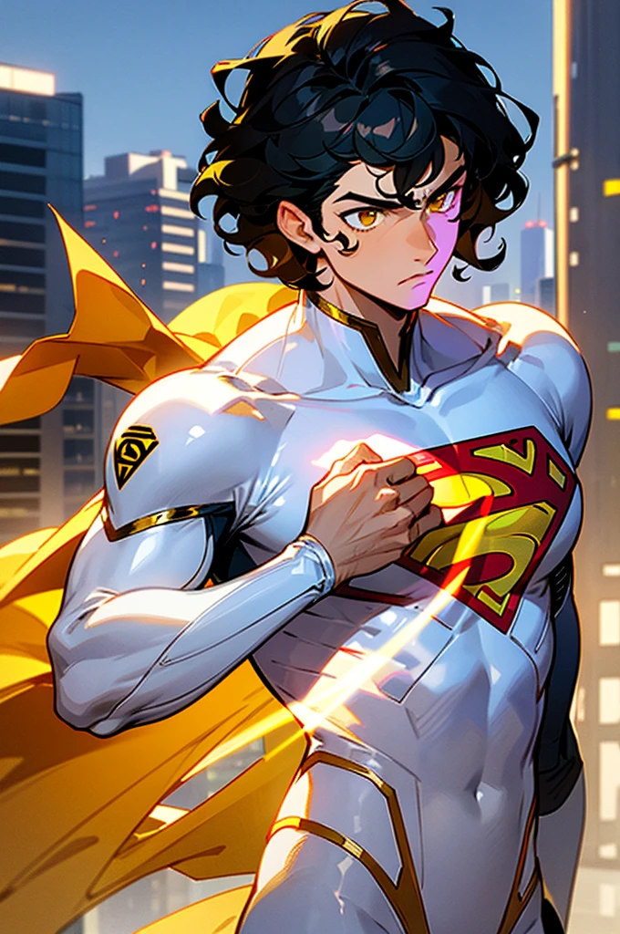 1male , Low taper fade , wavy hair ,short hair, black Hair , golden Eyes , Lean ,teen male , white Body Suit , Serious Expression , Modern City Background , Yellow S symbol on chest, modern city background, upper body, superman shirt, arm, white arm sleeves, superhero suit, Superman S Symbol,
