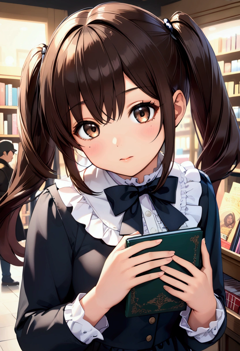 (nsfw:1.5)((垂れeye)),(((Twin tails))),Dark brown hair,pupil_Black,pupil_big,eye_small,Baby Face,round face,8k wallpaper, (shape:0.8), (Beautiful attention to detail:1.6), Highly detailed face, Perfect lighting, Extremely detailed CG, (Perfect hands, Perfect Anatomy),Gothic Lolita,Her occupation is novelist,Shopping at the bookstore,A store clerk spots her and demands an autograph,Other customers are happy to see her,The bookstore is crowded,