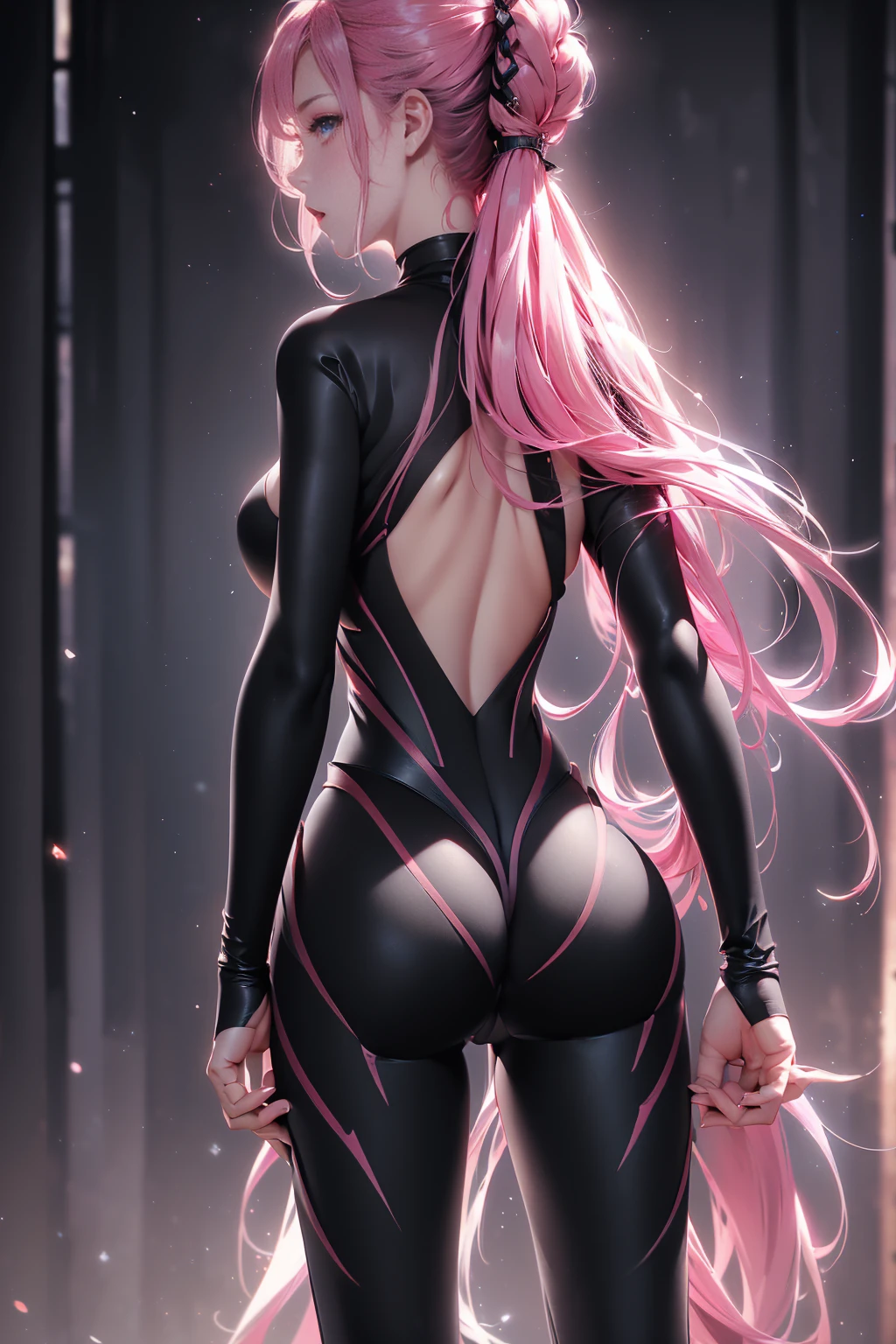 Optimal，masterpiece，High resolution，Highest quality，(Cowboy Shot)、Cute face，Pink Hair、Long Hair、Twin tails、((Shooting from behind:1.5)), ((Wearing tight fitting black separates:1.5)). ((Beautiful nipples))、((Big Breasts:1.5)), Wet and transparent