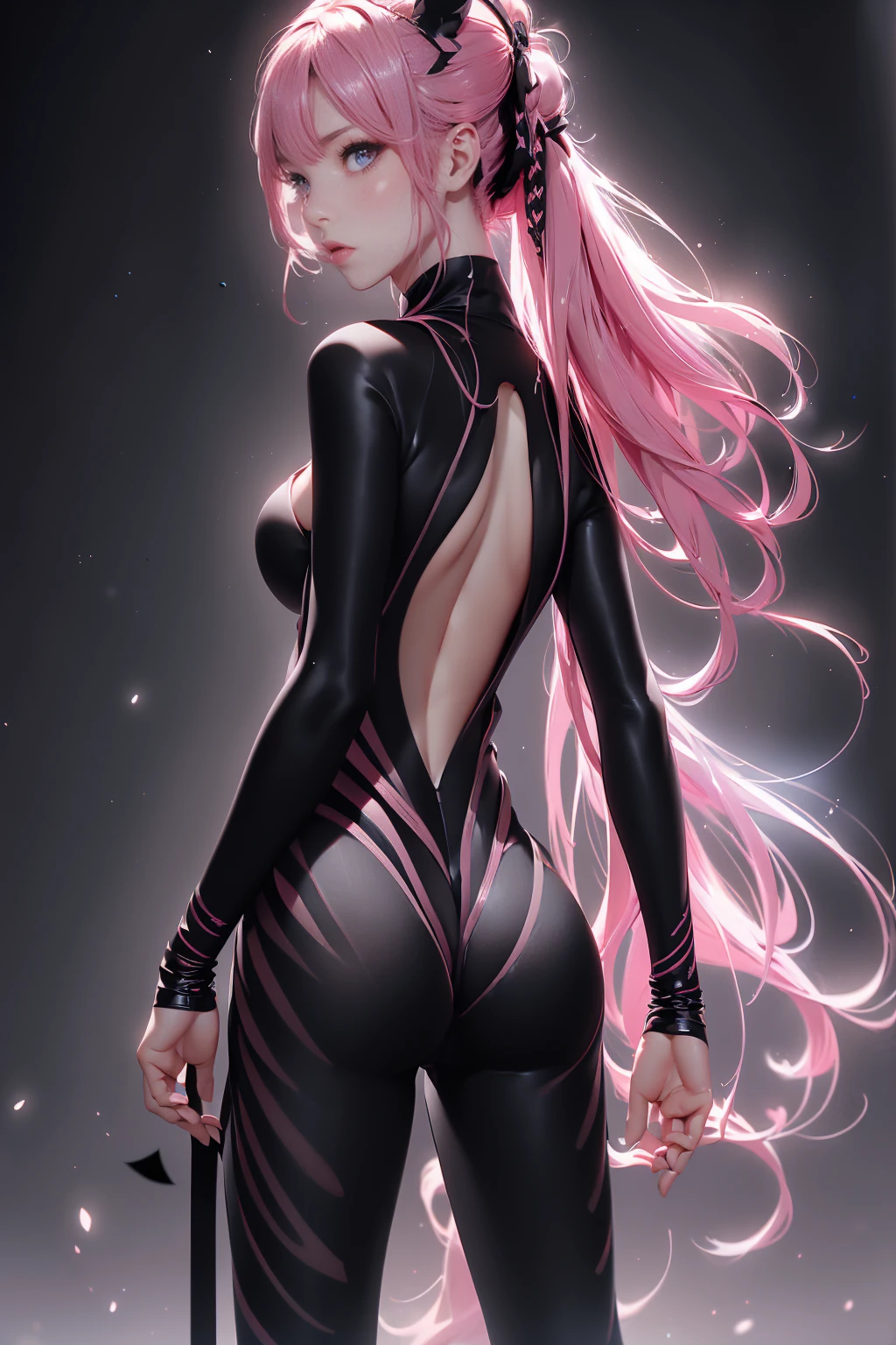 Optimal，masterpiece，High resolution，Highest quality，(Cowboy Shot)、Cute face，Pink Hair、Long Hair、Twin tails、((Shooting from behind:1.5)), ((Wearing tight fitting black separates:1.5)). ((Beautiful nipples))、((Big Breasts:1.5)), Wet and transparent