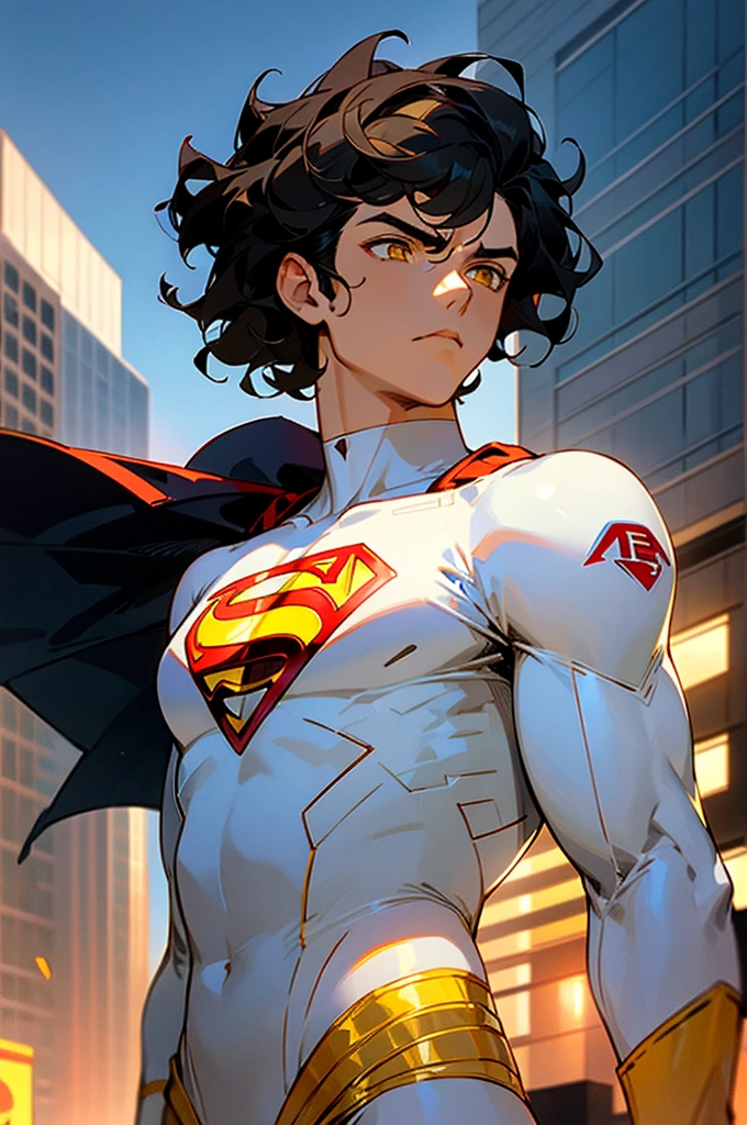 1male , Low taper fade , wavy hair ,short hair, black Hair , golden Eyes , Lean ,teen male , white Body Suit , Serious Expression , Modern City Background , Yellow S symbol on chest, modern city background, upper body, superman shirt, arm, white arm sleeves, superhero suit, Superman S Symbol,
