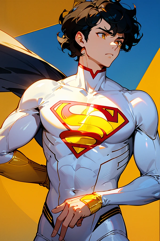 1male , Low taper fade , wavy hair ,short hair, black Hair , golden Eyes , Lean ,teen male , white Body Suit , Serious Expression , Modern City Background , Yellow S symbol on chest, modern city background, upper body, superman shirt, arm, white arm sleeves, superhero suit, Superman S Symbol,
