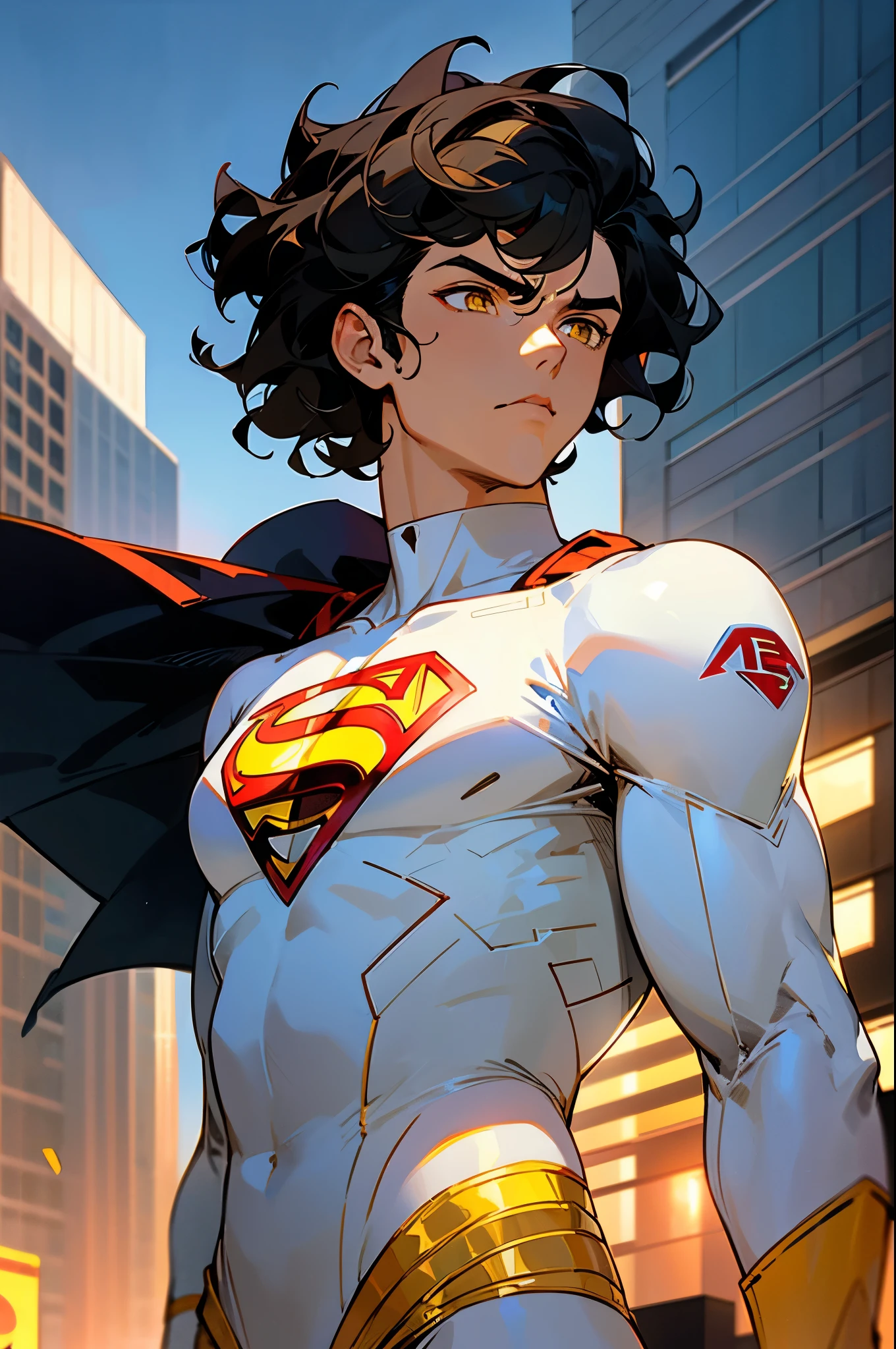 1male , Low taper fade , wavy hair ,short hair, black Hair , golden Eyes , Lean ,teen male , white Body Suit , Serious Expression , Modern City Background , Yellow S symbol on chest, modern city background, upper body, superman shirt, arm, white arm sleeves, superhero suit, Superman S Symbol,
