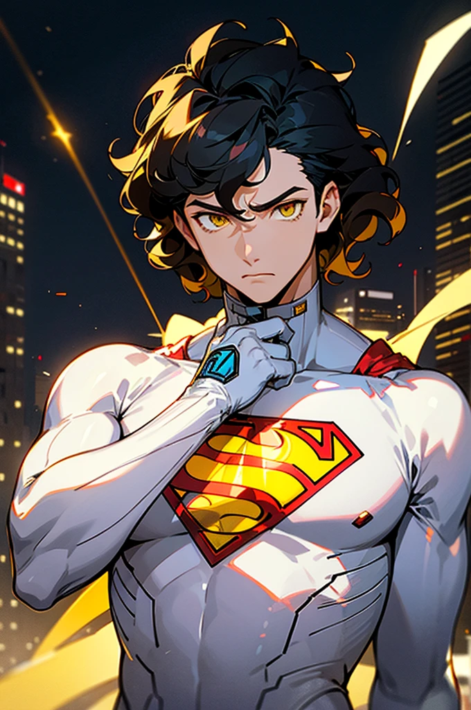 1male , Low taper fade , wavy hair ,short hair, black Hair , golden Eyes , Lean ,teen male , white Body Suit , Serious Expression , Modern City Background , Yellow S symbol on chest, modern city background, upper body, superman shirt, arm, white arm sleeves, superhero suit, Superman S Symbol,
