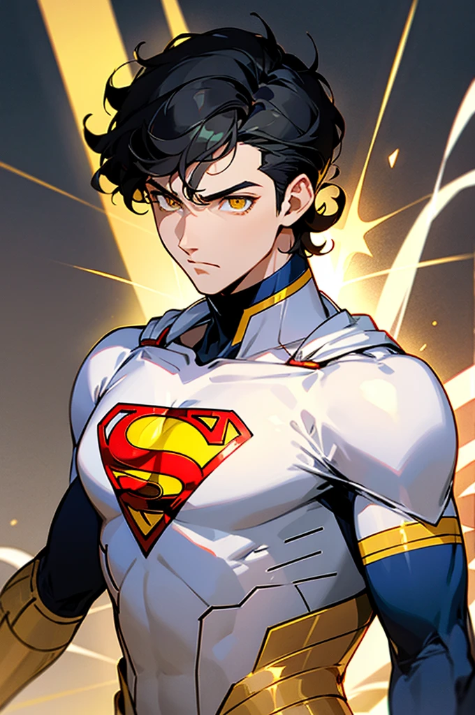 1male , Low taper fade , wavy hair ,short hair, black Hair , golden Eyes , Lean ,teen male , white Body Suit , Serious Expression , Modern City Background , Yellow S symbol on chest, modern city background, upper body, superman shirt, arm, white arm sleeves, superhero suit, Superman S Symbol,
