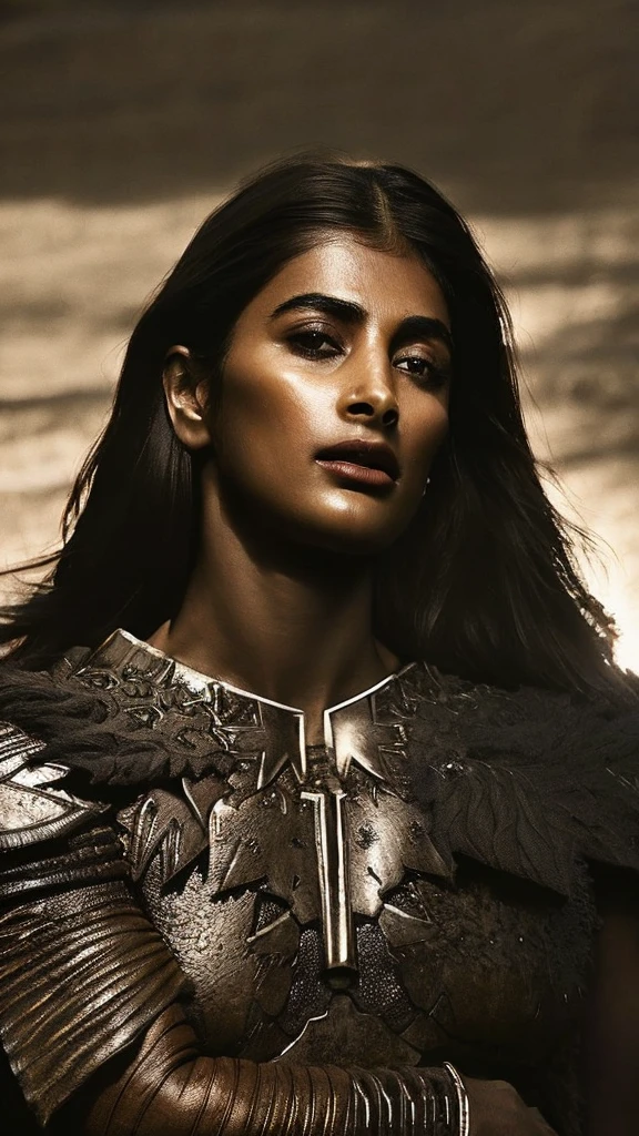 "Pooja Hegde as a powerful warrior woman, dark and atmospheric setting, confrontational and strong pose, looking at viewer, minimal striking armor, minimal cloth, muscular physique, dark skin, practical hairstyle, bright cinematic background, sandy ground, dramatic high-contrast lighting, sexualized costume ,shadows enhancing form, realistic with fantasy style"
