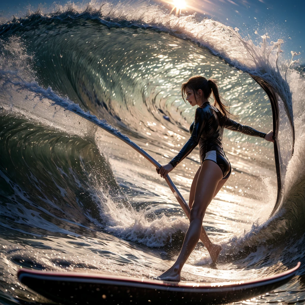 (Luminism:1.28), Side view, TopQuality 8K Masterpiece (ProfessionalPHOTO:1.37) (Extremely Detailed (Girl Riding on a Life Size surfboard)), Colorful morning Glory Rays, (There is Only one surfboard under her foot:1.32) Sparkling Water Splashing Water Particles, Glowing Wet Ponytail, Hourglass body type, Dynamic motion blur, {Perfect Hand|Perfect Limbs}, (Surfing Photos:1.4), (((nothing hold)))