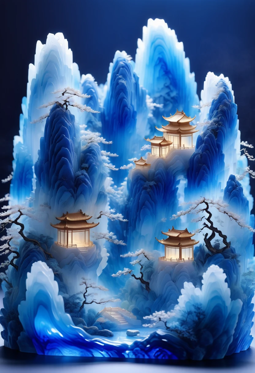 Micro landscape design carved from a piece of stone，Translucent glass material,Blue-white gradient,Traditional Chinese landscape painting,Abstract shapes,Minimalism,cave，,3d，Stone base