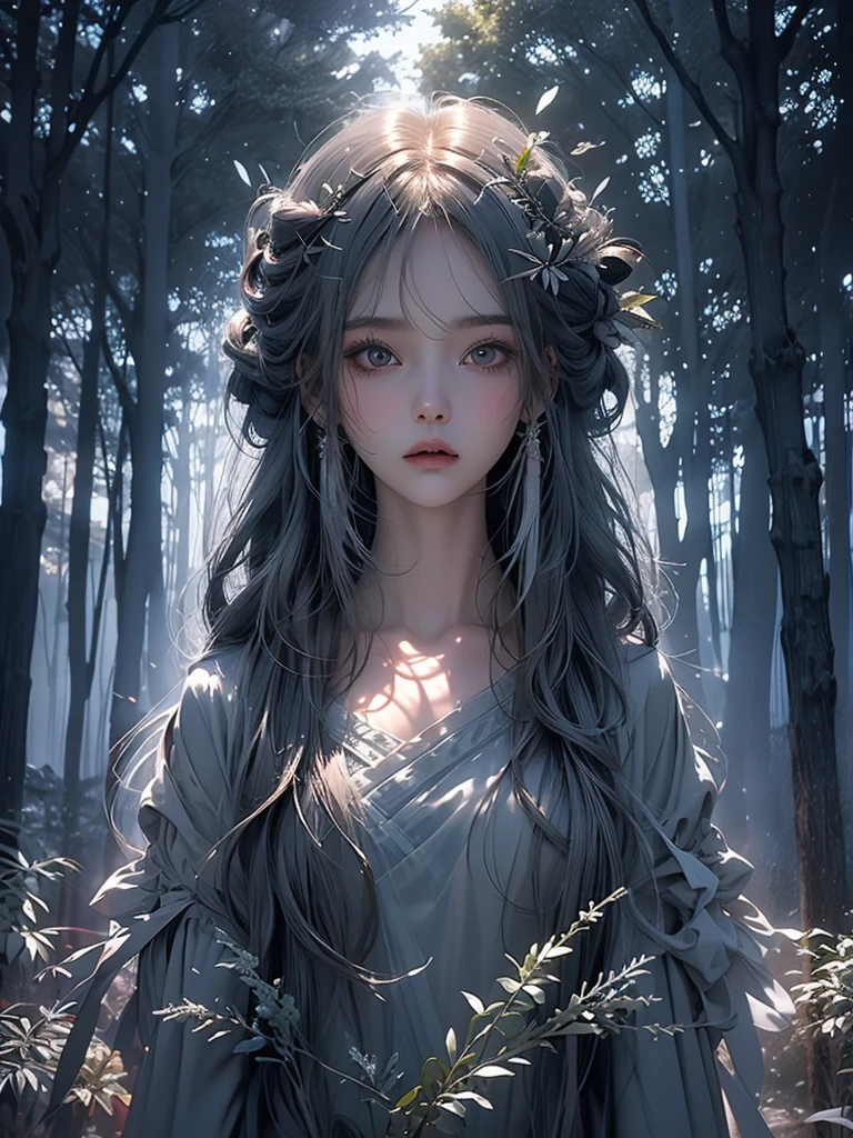 Beautiful girl in a transparent gray robe standing in a dark forest, Magnificent style, Octane Rendering, Desert Composition, Beautiful Face, Detailed face, Surreal, Oil on canvas, Awards, artwork, Art Station Trends, Studio Ghibli, Close-up of a girl
