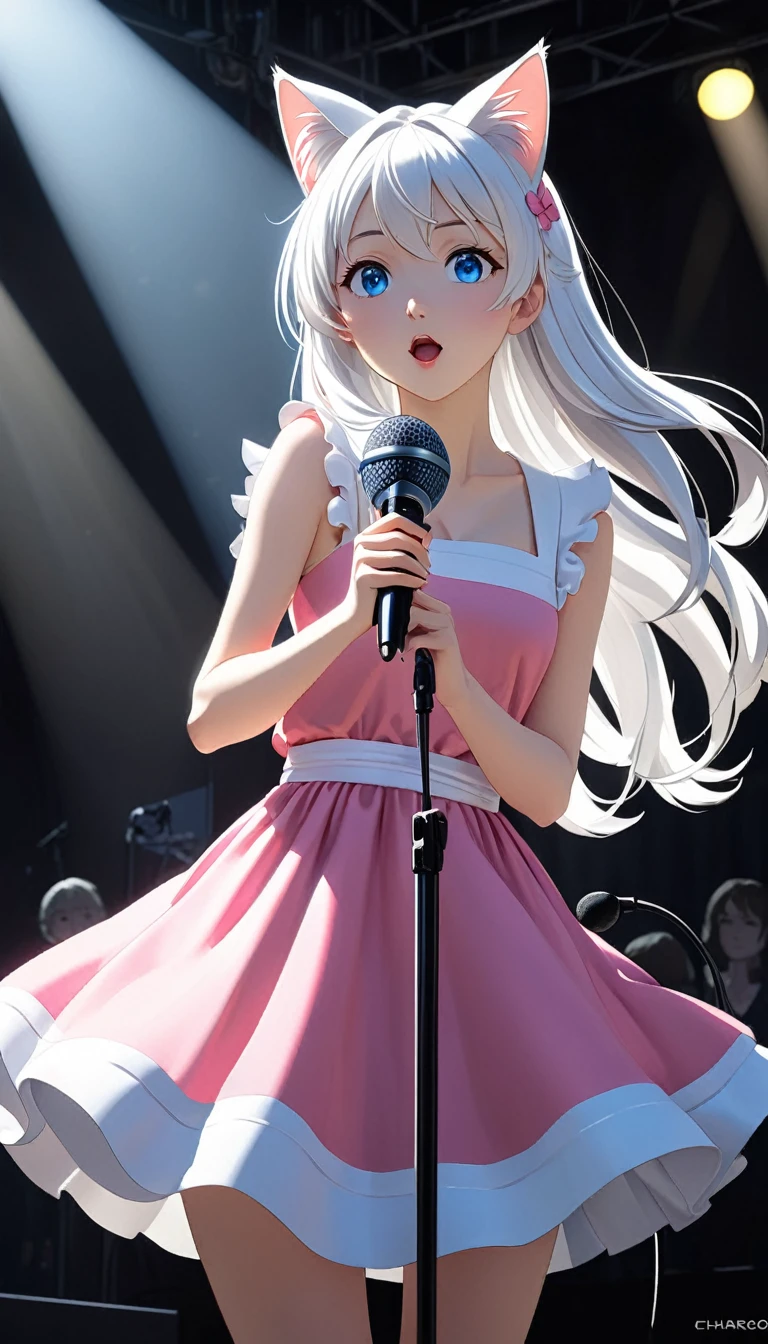 A beautiful girl with long, fine white hair, cat ears, clear blue eyes, and fair skin. She is wearing a small pink dress, holding a microphone in her hand, and is singing. The background is the stage. Through the backlight of the day, the colors are bright. This illustration shows the Japanese anime style., black and white still, digital Art, perfect composition, beautiful detailed intricate insanely detailed octane render trending on artstation, 8 k artistic photography, photorealistic concept art, soft natural volumetric cinematic perfect light, chiaroscuro, award - winning photograph, masterpiece, oil on canvas, raphael, caravaggio, greg rutkowski, beeple, beksinski, giger