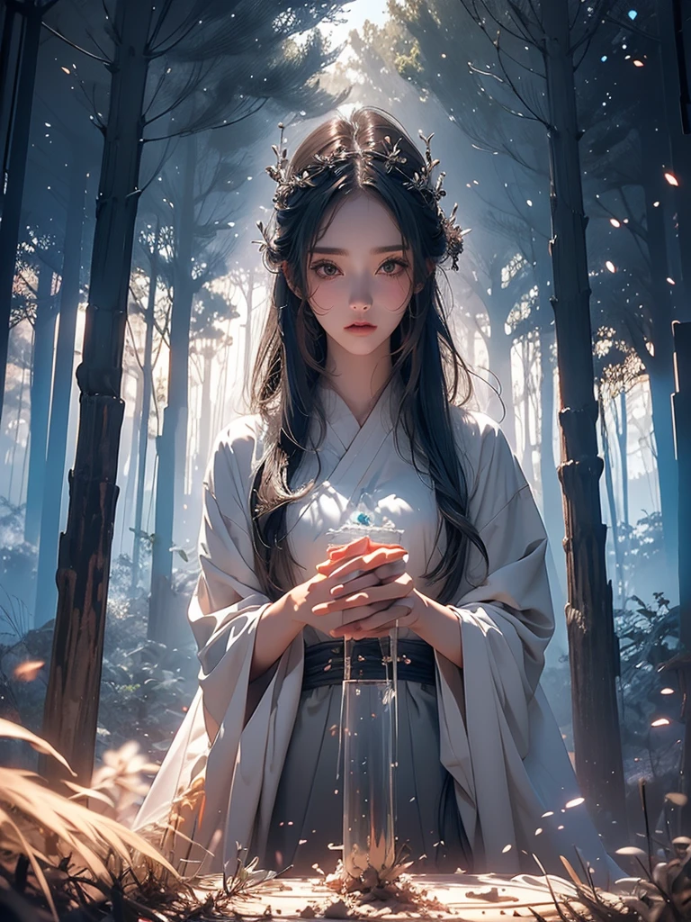 Beautiful girl in a transparent gray robe standing in a dark forest, Magnificent style, Octane Rendering, Desert Composition, Beautiful Face, Detailed face, Surreal, Oil on canvas, Awards, artwork, Art Station Trends, Studio Ghibli, Close-up of a girl
