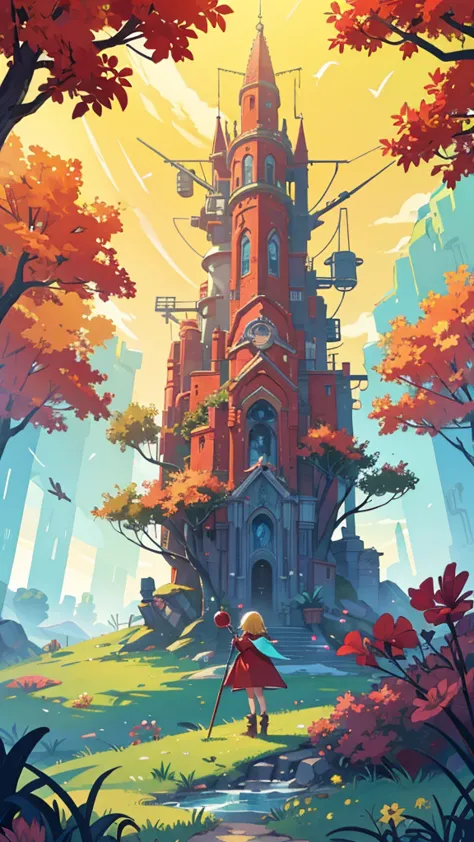 fantasy world. colorful and sunny day. we see a big tree that sprouted from an old rusty combat robot. in front of the tree sits...