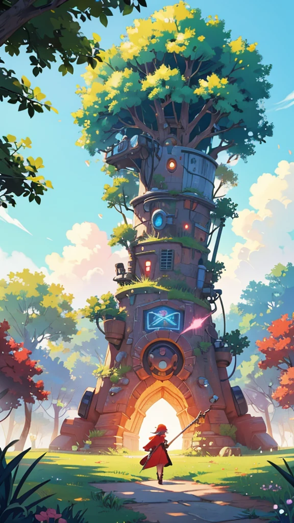 Fantasy world. Colorful and sunny day. We see a Big tree that sprouted from an old rusty combat robot. In front of the tree sits a silhouette of a young sorceress in a red robe with a staff