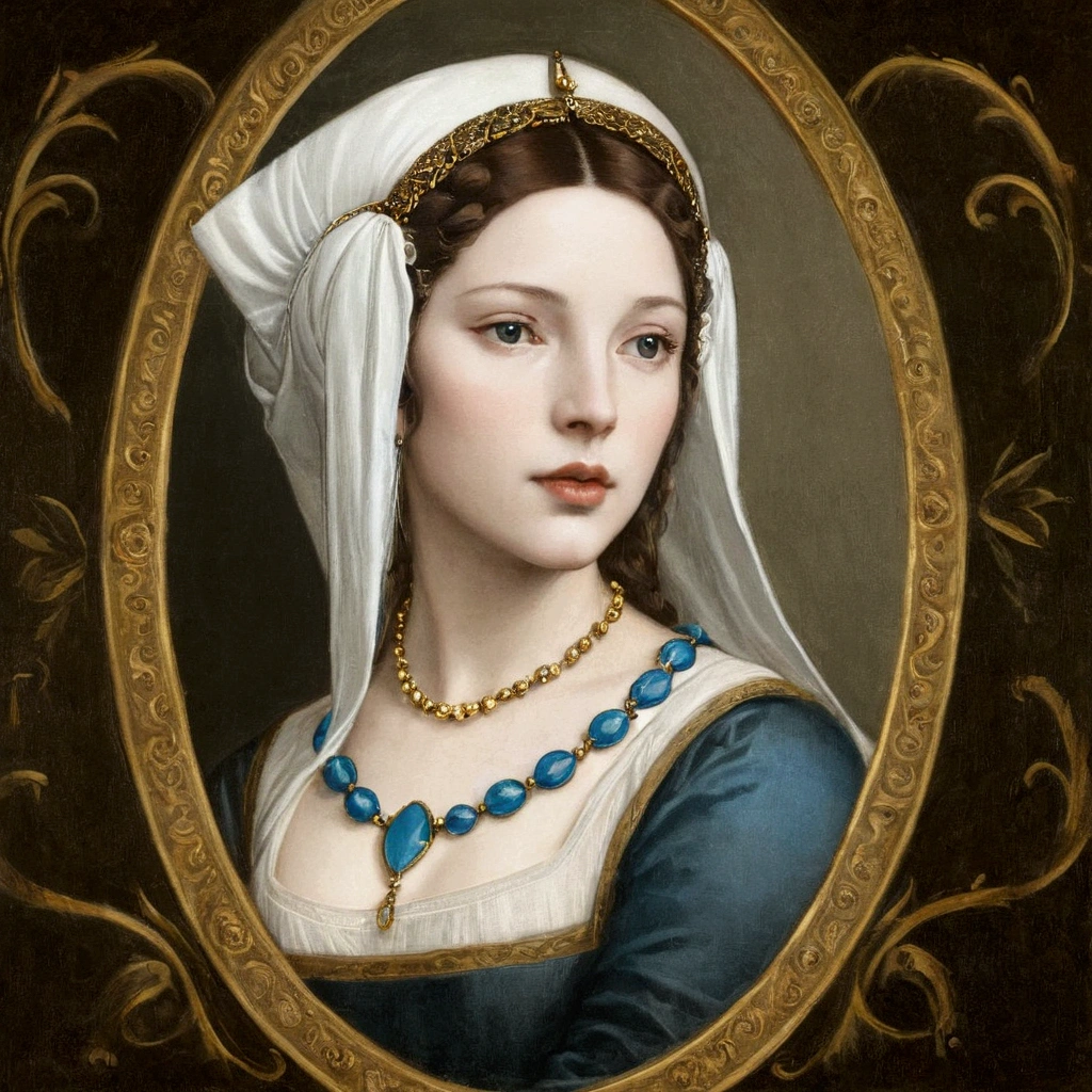 arafed picture of a woman with a white headdress and a blue and gold necklace, renaissance digital painting, in the art style of bowater, inspired by Hans Holbein the Elder, masterpiece! portrait of arwen, inspired by Hans Holbein the Younger, baroque digital painting, inspired by Jeanne Hébuterne, portrait of princess, princess portrait