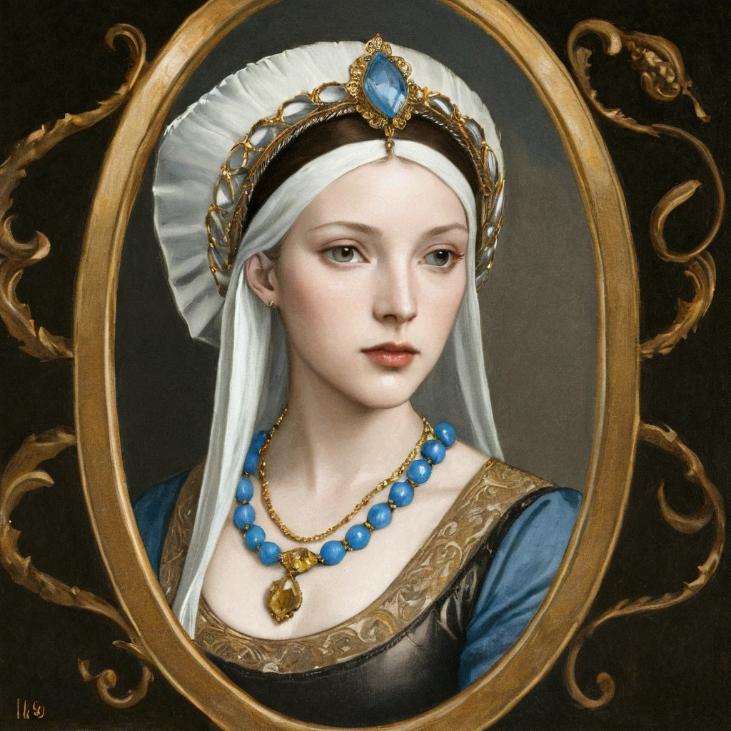 arafed picture of a woman with a white headdress and a blue and gold necklace, renaissance digital painting, in the art style of bowater, inspired by Hans Holbein the Elder, masterpiece! portrait of arwen, inspired by Hans Holbein the Younger, baroque digital painting, inspired by Jeanne Hébuterne, portrait of princess, princess portrait