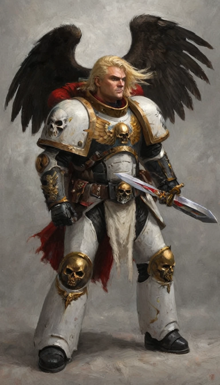 [Portrait, dynamic fighting, fullbody : 2,2]. a close up of a man with a sword ((space marine portrait:1,1)),((artistic portrait:2,2)), artwork Warhammer 40k art, space marine, Warhammer art, Warhammer 4 0k fantasy, wearing dark red armor, ((young:2,2) ), vegetal decoration on the lower part of the ((white left shoulder pad:2,2)), ((a white forearm:1,2)) with decoration of Golden eagle wing, white forearm, belt with golden skull in the center, ((curved silhouette:2,2)). strong armor, ((detailed face:2,2)) ((short blonde hair:1,1)), ((war background : 1,2)) ((golden and metallic cheribs on his back:2,3)) ((Featured like an demon:1,2)), (black and white:3), ( fighting orc:2,4)