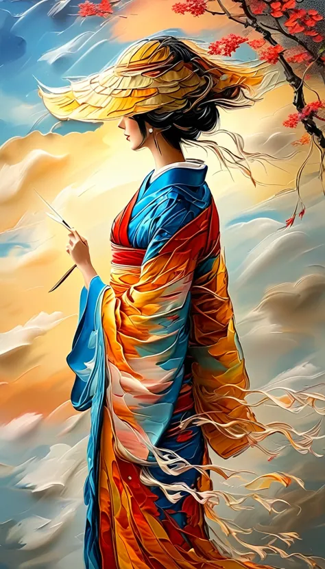 a beautiful japanese lady in a hand painted silk kimono with pearl threads, standing on the edge of a cliff, looking at the suns...