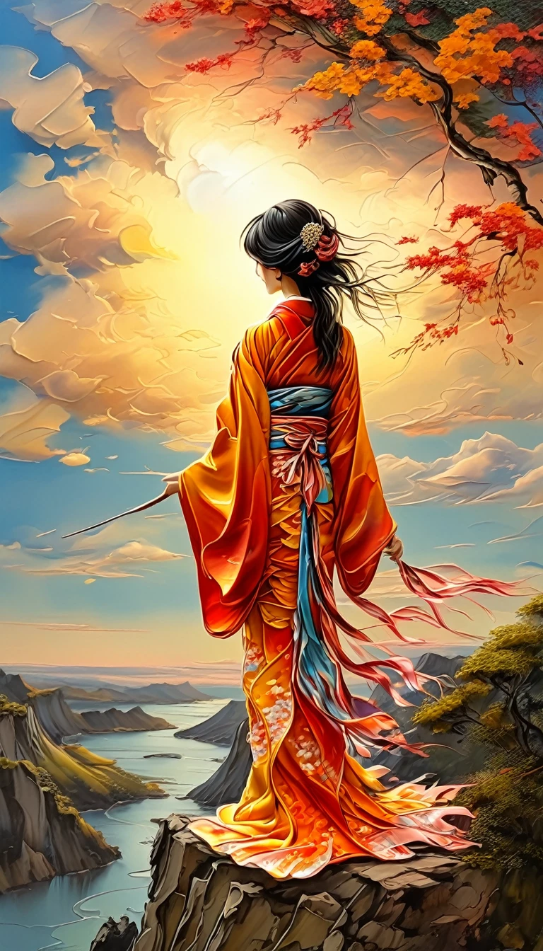 a beautiful japanese lady in a hand painted silk kimono with pearl threads, standing on the edge of a cliff, looking at the sunset, with her kimono trailing into the fractal clouds, holding a paintbrush in her hands, painting the clouds, neoclassical oil painting, photorealistic, dramatic lighting, warm color palette, detailed fabric textures, intricate kimono patterns, glowing sunset sky, wispy fractal clouds, detailed facial features, intense gaze, graceful pose, masterpiece, 8k, best quality