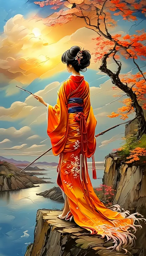 a beautiful japanese lady in a hand painted silk kimono with pearl threads, standing on the edge of a cliff, looking at the suns...