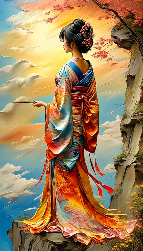 a beautiful japanese lady in a hand painted silk kimono with pearl threads, standing on the edge of a cliff, looking at the suns...