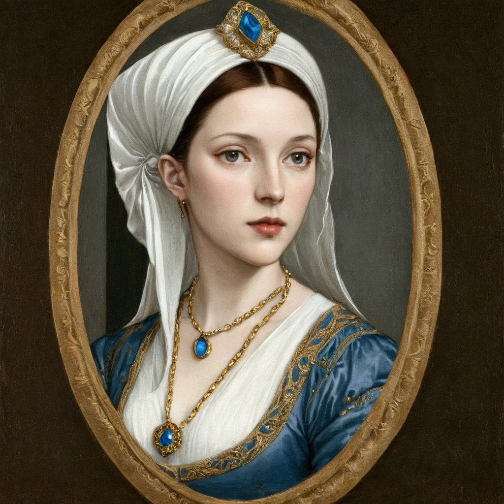 arafed picture of a woman with a white headdress and a blue and gold necklace, renaissance digital painting, in the art style of bowater, inspired by Hans Holbein the Elder, masterpiece! portrait of arwen, inspired by Hans Holbein the Younger, baroque digital painting, inspired by Jeanne Hébuterne, portrait of princess, princess portrait,tudor hat,1500s