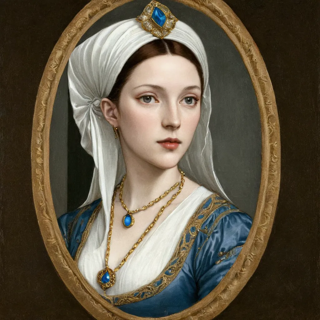 arafed picture of a woman with a white headdress and a blue and gold necklace, renaissance digital painting, in the art style of...