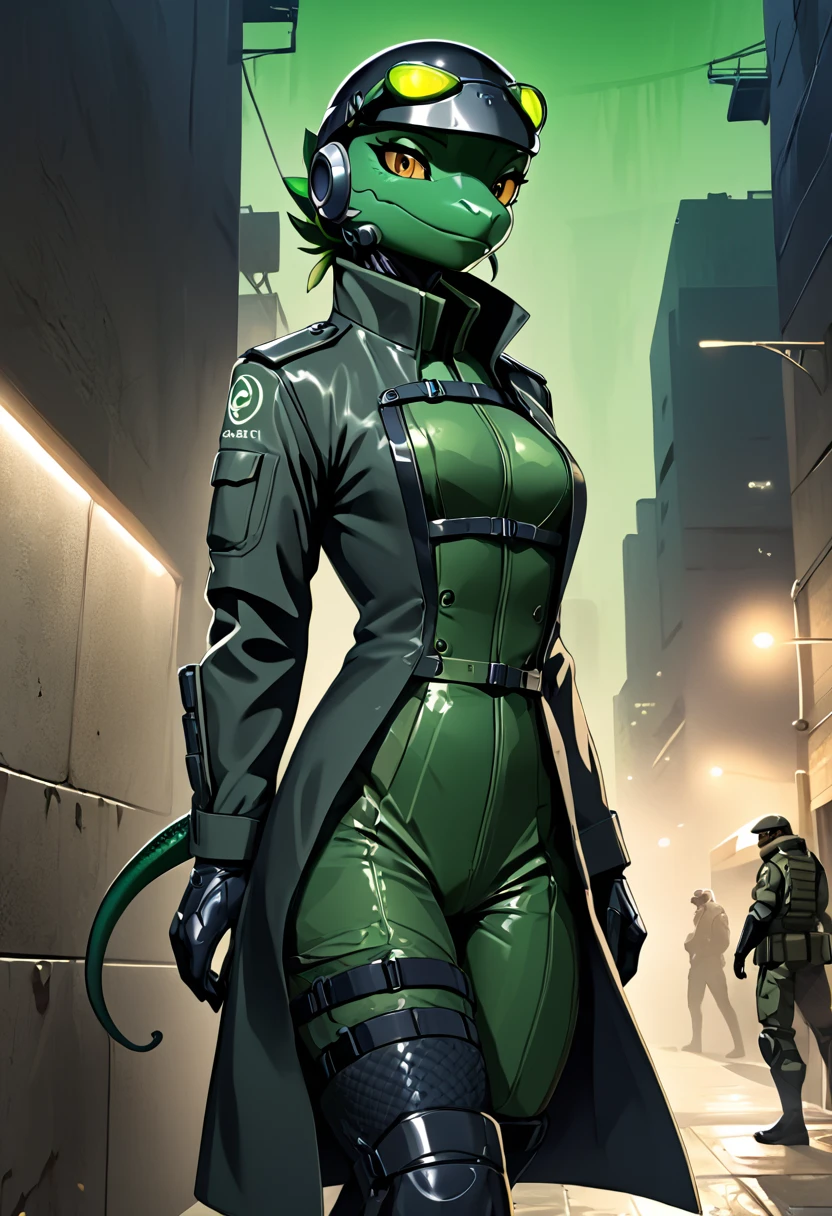 Lizard,reptile,gex the gecko,woman,spy suit,trench coat,jade scale skin,sexy mood,infiltration,metal gear,splinter cell,lady,gun,90’s anime style,base background,8K,FullHDR,perfect quality,evening settings,detailed poses,dynamic poses